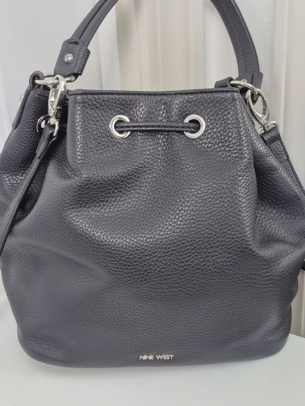Nine West Black Pebbled Leather Drawstring Shoulder Bag